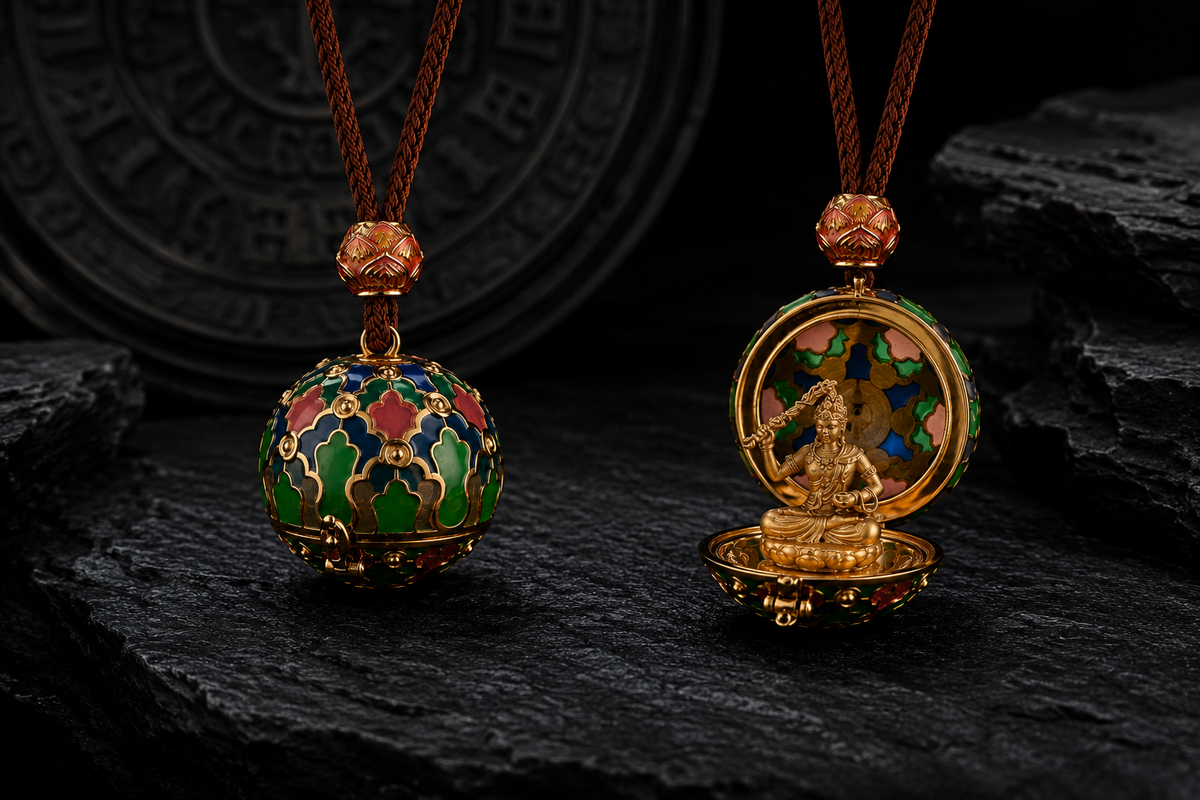 Closed and open views of the multicolor Manjushri orb locket on dark stone, with the seated figure visible inside.