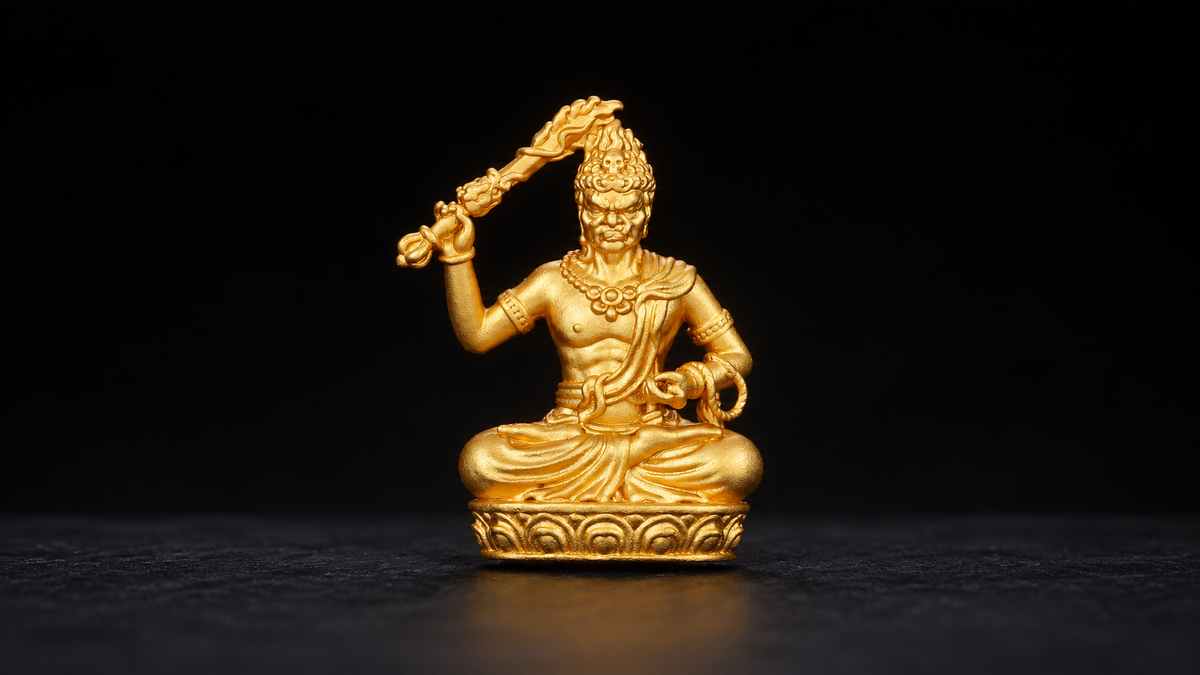 Centered full Acala Fudo Myoo figure with flaming sword on black background