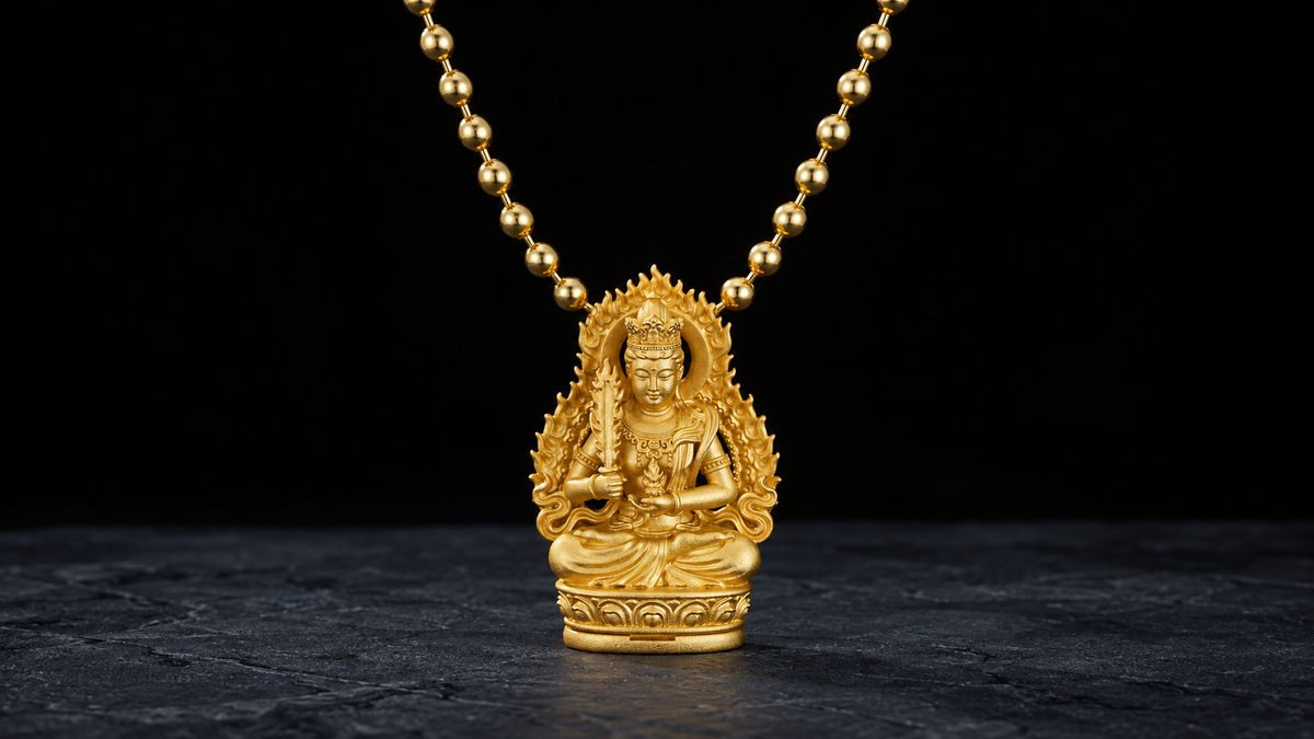 Centered gold Akashagarbha bodhisattva pendant with bead chain, flame-shaped halo, upright implement, and lotus base on a dark slate surface.