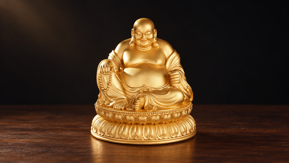 Centered smiling gold-toned Budai figure with prayer beads and a two-tier lotus base