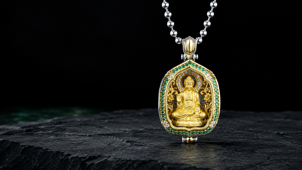Two-tone Dainichi Nyorai ghau box pendant with a lotus bail, silver ball chain, gold-tone seated figure, clear inner stones, and green outer stone border against a dark slate background.