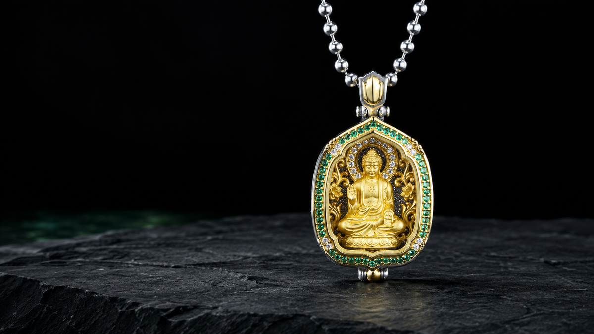 Two-tone Dainichi Nyorai ghau box pendant with a lotus bail, silver ball chain, gold-tone seated figure, clear inner stones, and green outer stone border against a dark slate background.