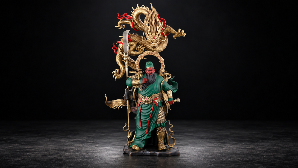 Centered Guan Yu tabletop figure in a green robe with a long black beard, a guandao, and a rising golden dragon against a black background.