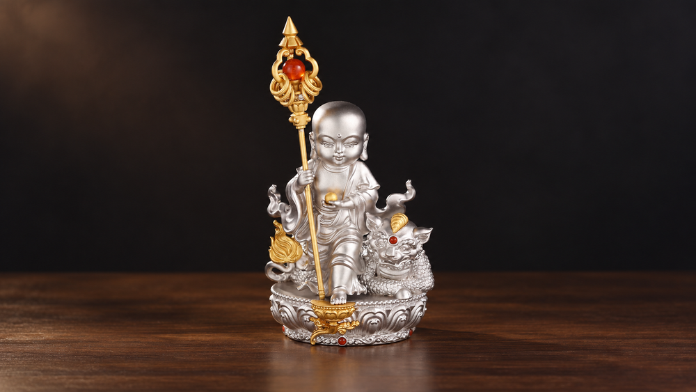 Centered chibi Ksitigarbha figure with a gold staff, small jewel, Diting companion, and lotus base.