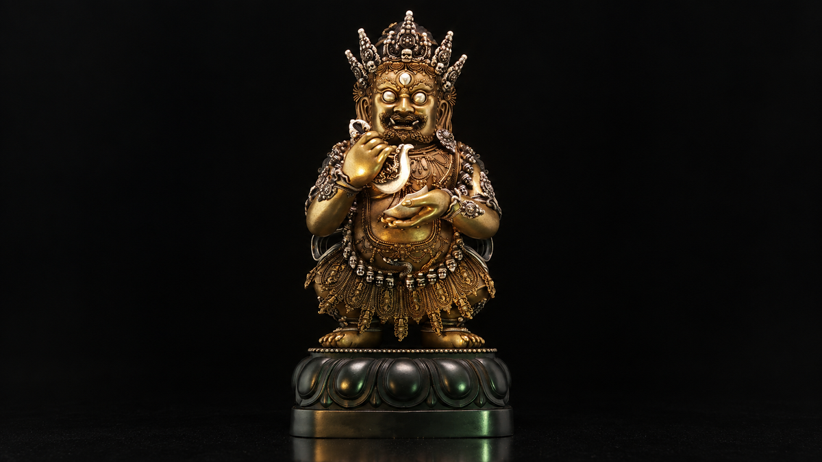 Centered full seated Mahakala figure with skull crown, curved knife, cup, and lotus base