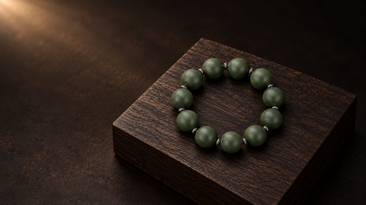Full green bead bracelet with silver-colored spacers arranged on dark wood