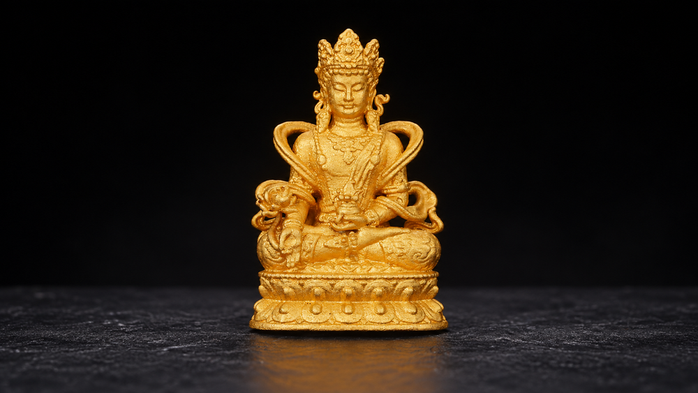 Centered golden Tibetan-style Medicine Buddha figure with a crown, raised arms, a front animal motif, and a tiered throne against a black background.