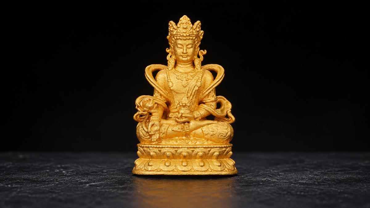 Centered golden Tibetan-style Medicine Buddha figure with a crown, raised arms, a front animal motif, and a tiered throne against a black background.