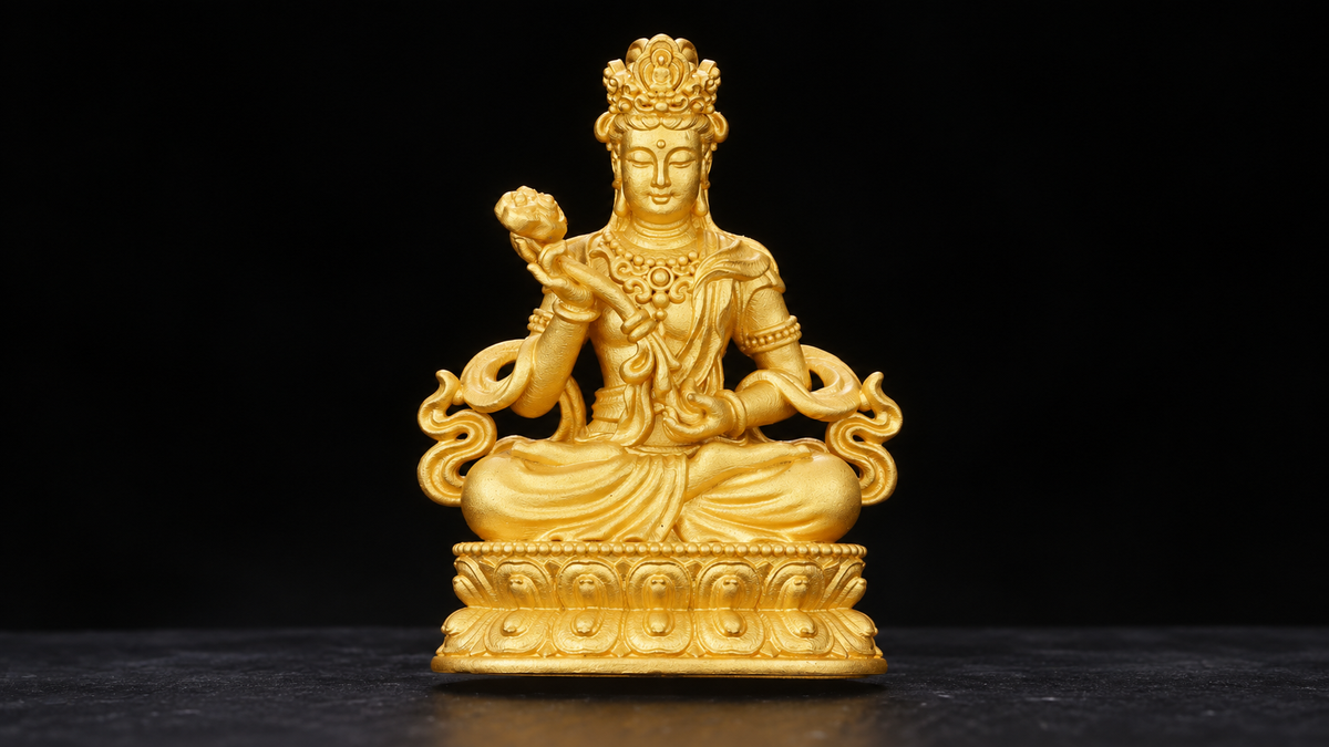 Centered gold-toned Samantabhadra figure with ornate crown, lotus-topped sceptre, and two-tier lotus base