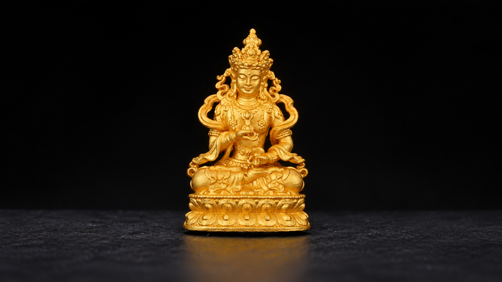 Centered full Vajrasattva figure with vajra and bell on black background