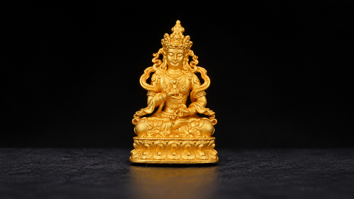 Centered full Vajrasattva figure with vajra and bell on black background