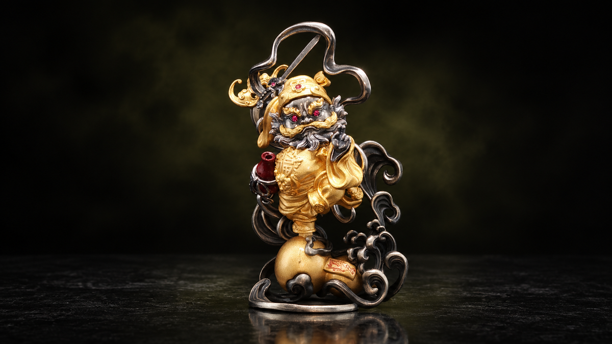 Q-style Zhong Kui sculpture in gold and silver tones with a raised sword, red eyes, a gourd at the feet, curling cloud motifs, and an oval base against a dark background.