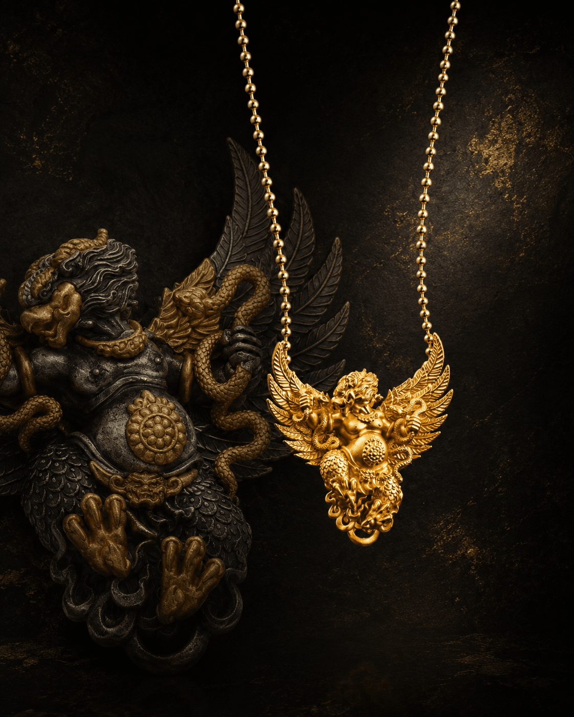 A gold Garuda pendant displayed against a dark sculptural background