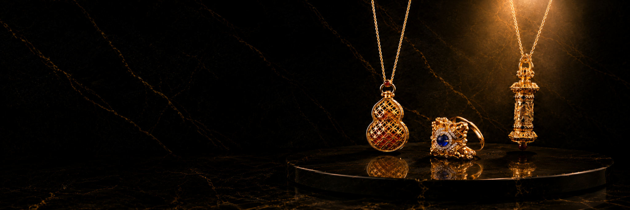 Gold ritual jewelry objects displayed on black marble