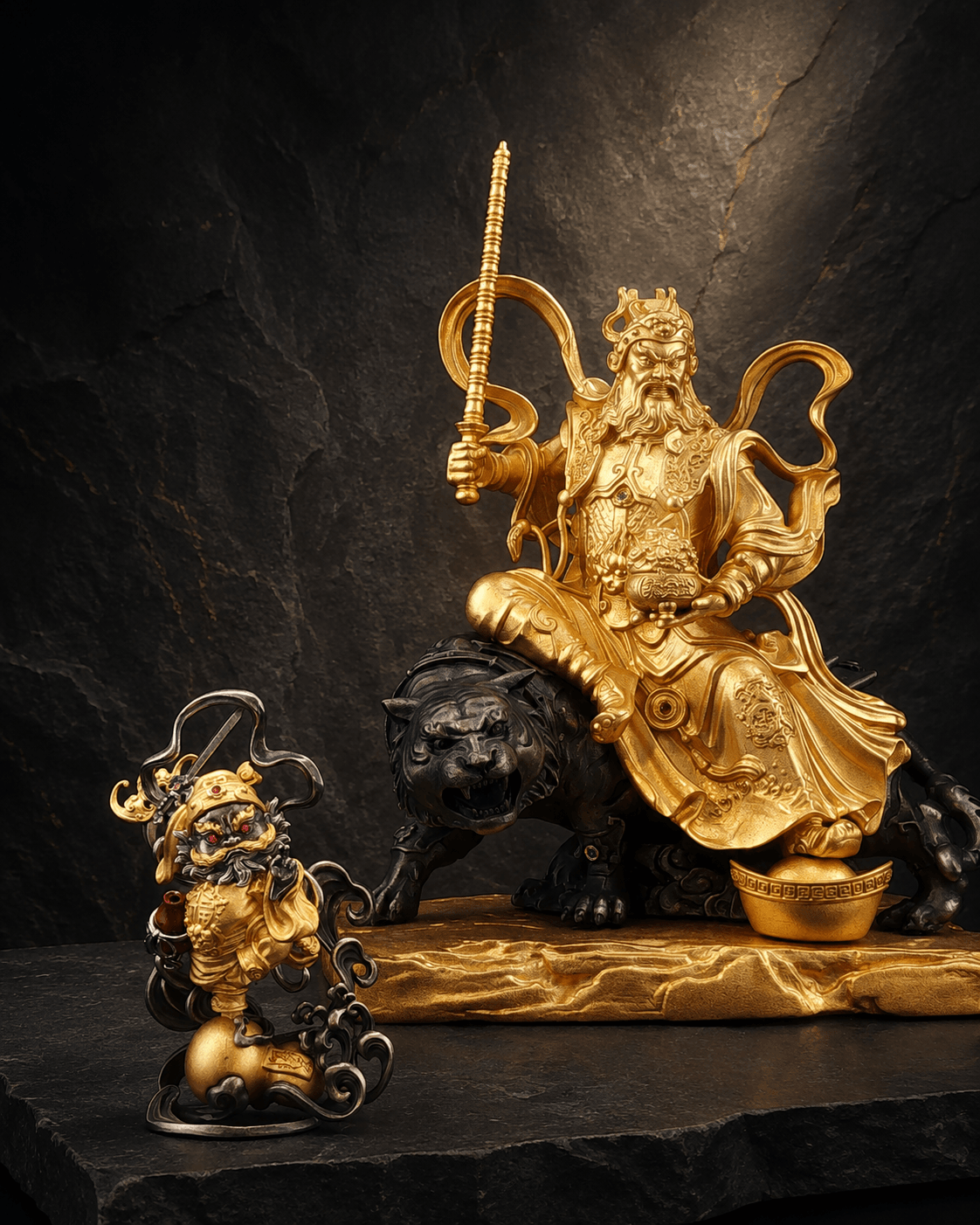 Sacred guardian figures displayed against a dark stone background