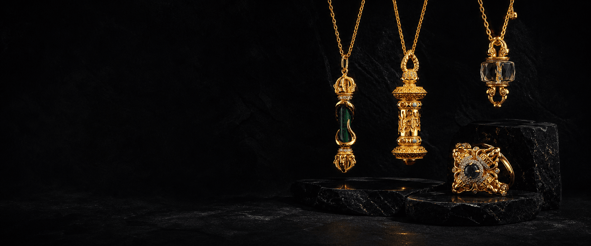 A curated arrangement of LIKREAT sacred jewelry on black obsidian