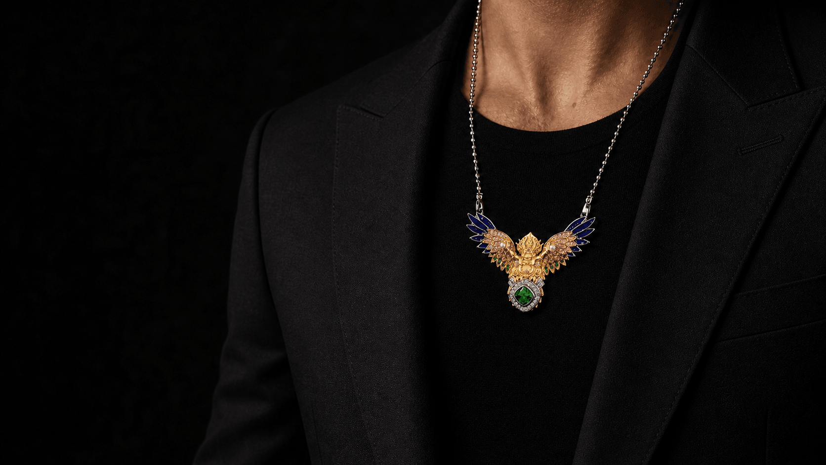 Garuda pendant worn as the center of a black tailoring study