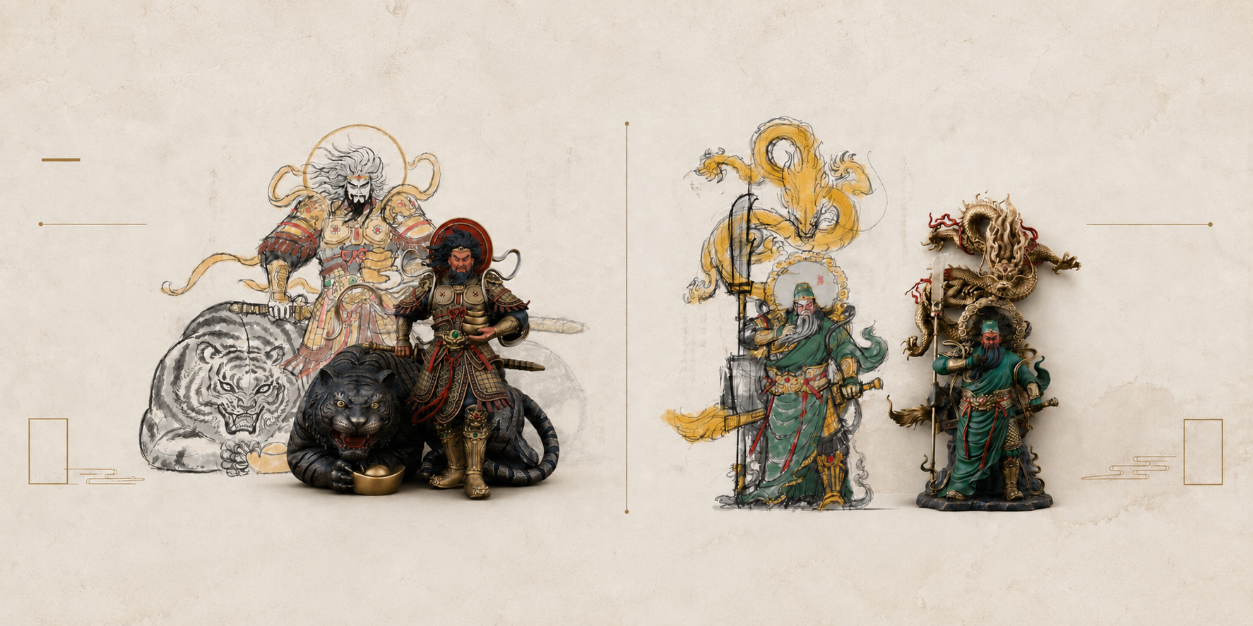 Illustrated and sculptural guardian figures from Likreat's sacred objects collection