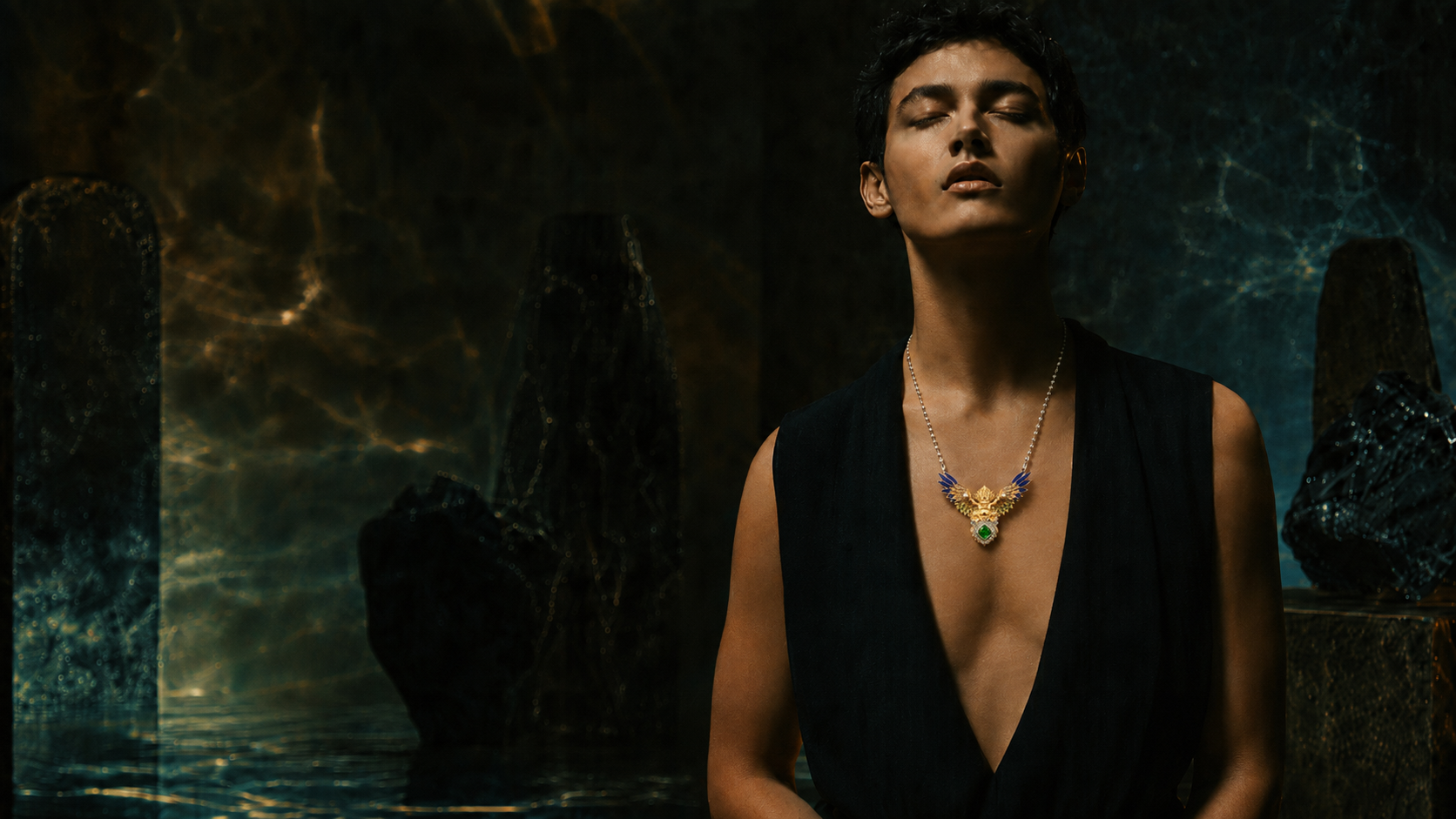 LIKREAT Garuda pendant worn in a dark mineral-stone atelier