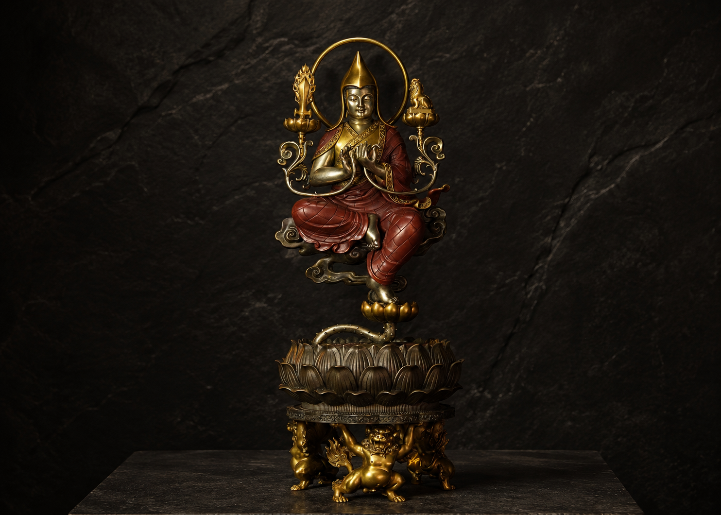 Je Tsongkhapa sculpture illuminated by warm golden light