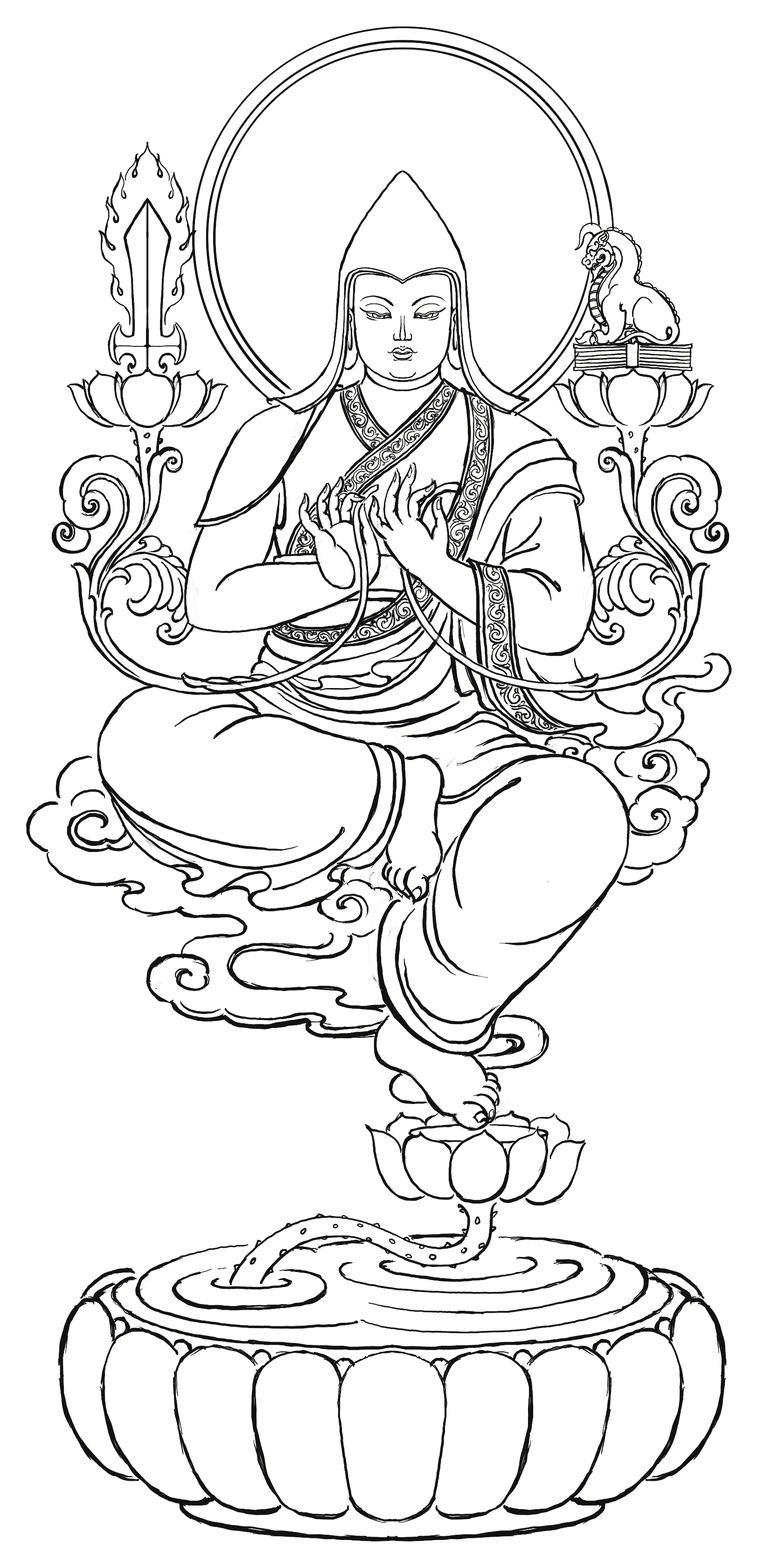 Black line drawing of Je Tsongkhapa with hat, teaching gesture, lotus attributes, monastic robes and lotus seat