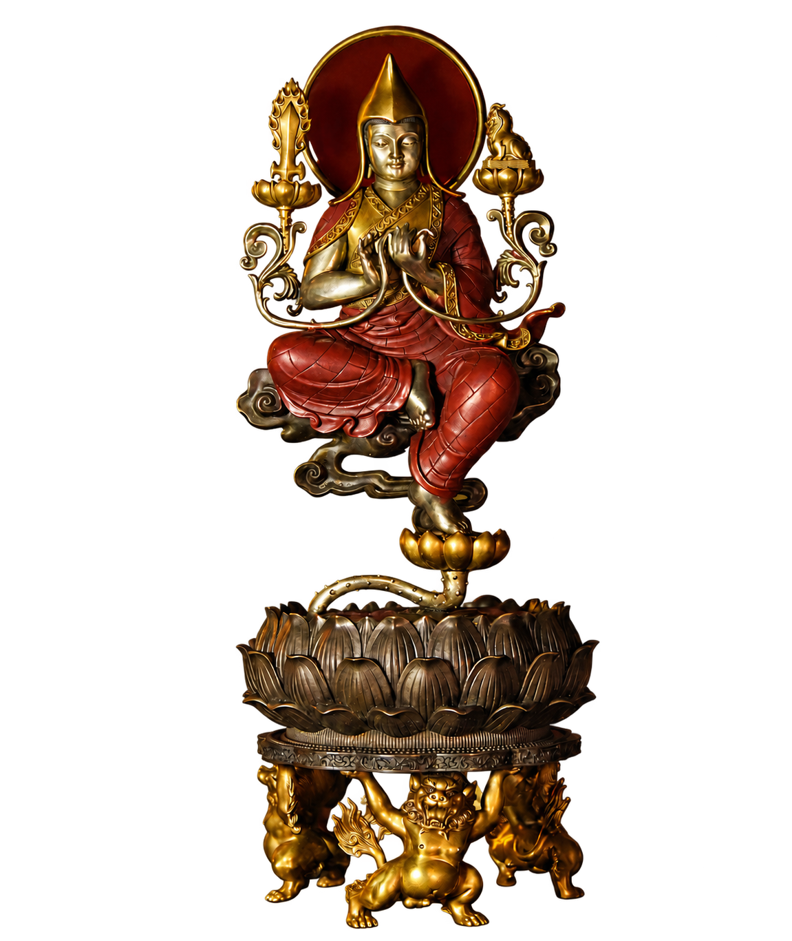 Je Tsongkhapa inspired sacred sculpture in a dark editorial setting