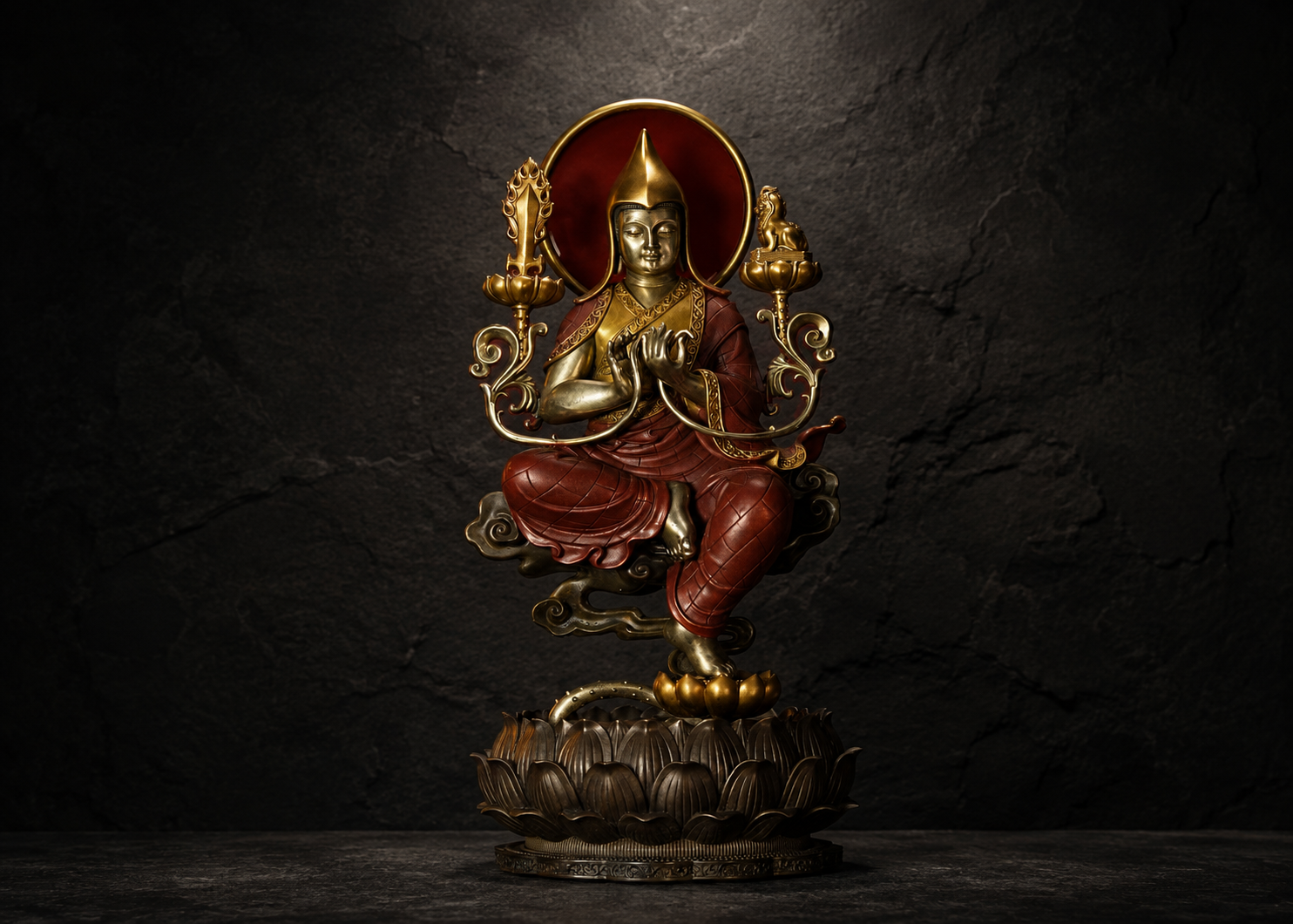 Je Tsongkhapa inspired sacred sculpture in a dark editorial setting