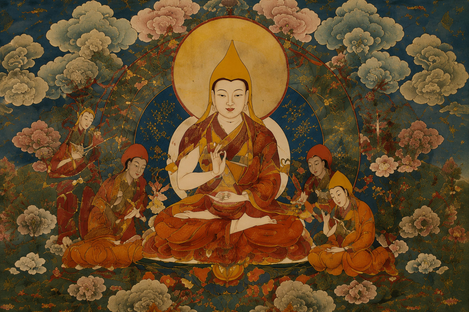 Historical thangka depicting Je Tsongkhapa within the Gelug visual tradition