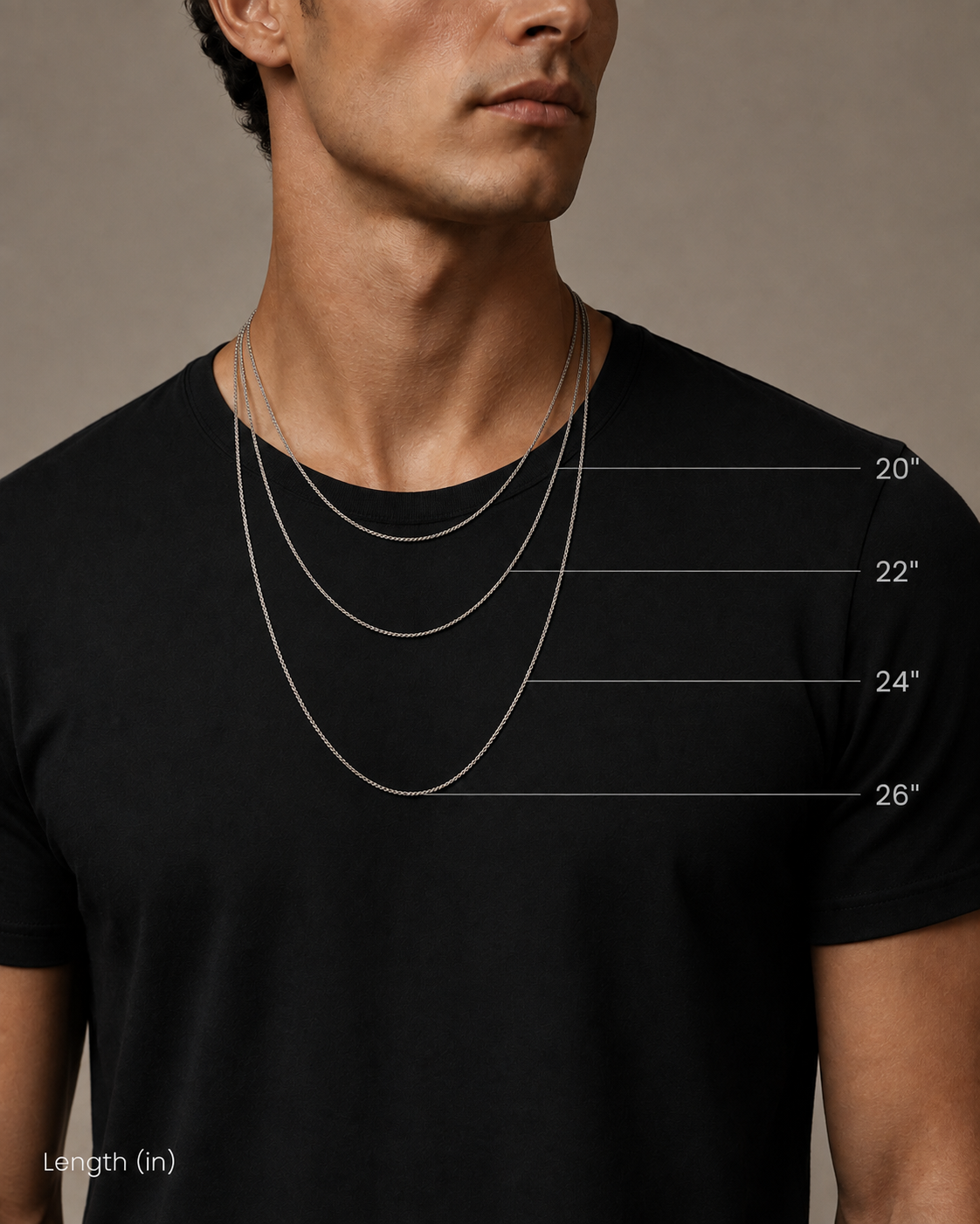 Necklace size guide showing 20, 22, 24, and 26 inch lengths