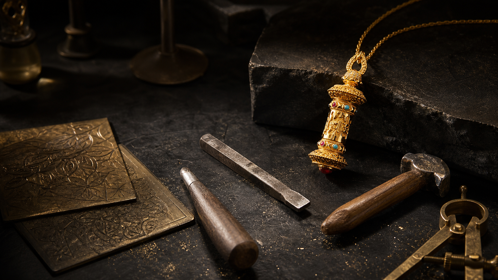 Ornate blessing pendant displayed on a dark stone engraving atelier table