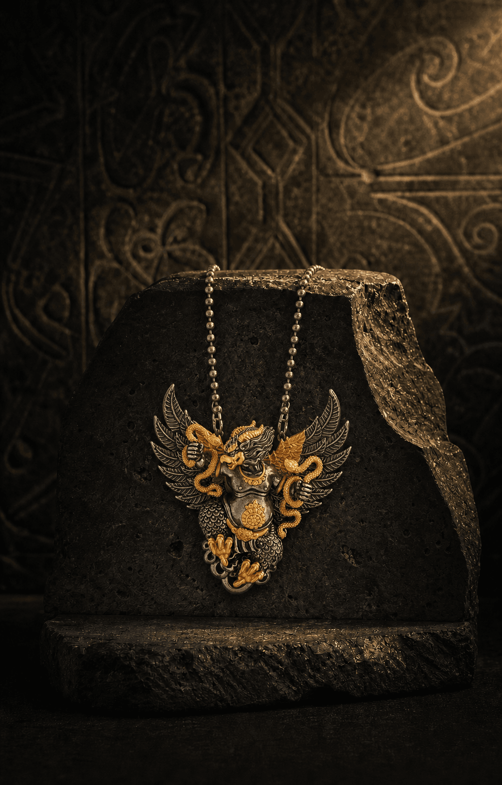Garuda pendant displayed on a carved black stone plinth